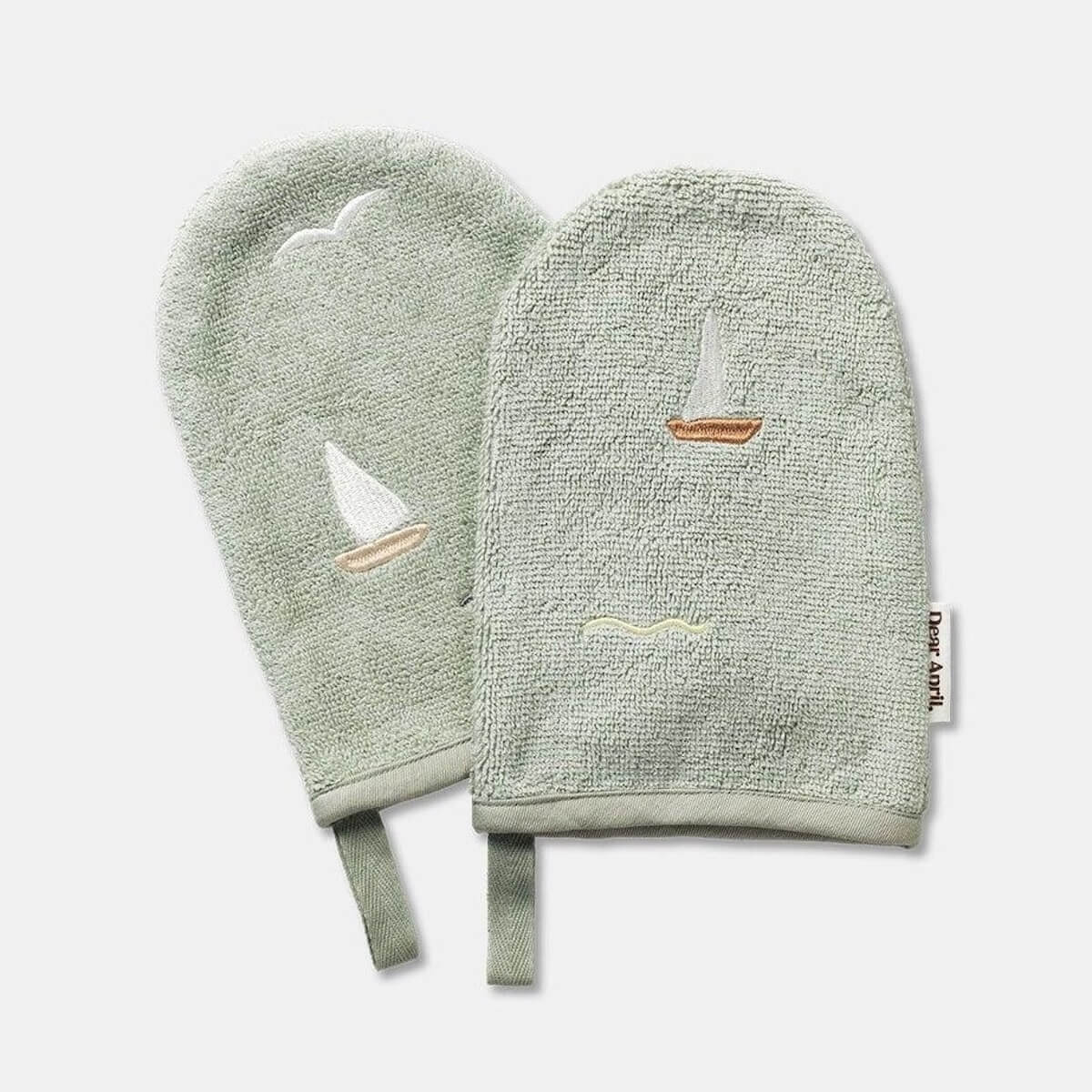 2 Waschhandschuhe 15x22cm PAW gestickt Terry Dear April Segelboote