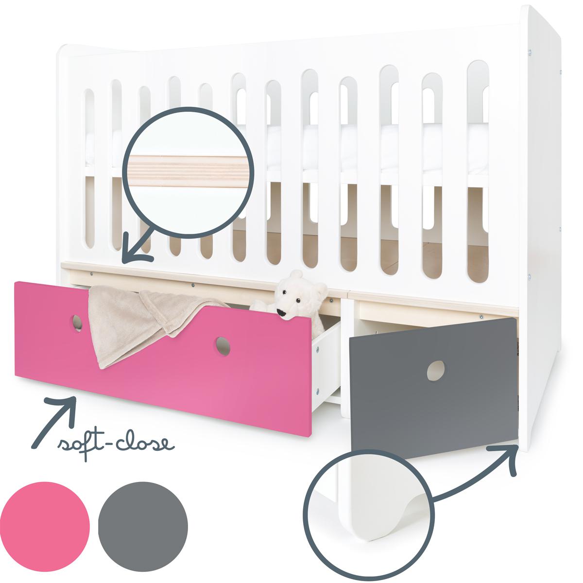 Babybett mitwachsend 70x140cm COLORFLEX pink-space grey