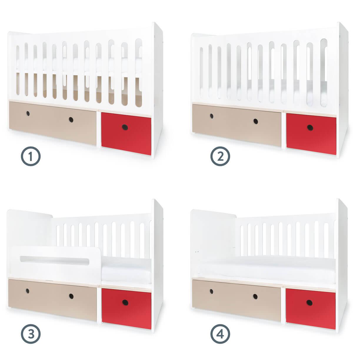 Babybett mitwachsend 70x140cm COLORFLEX warm grey-true red