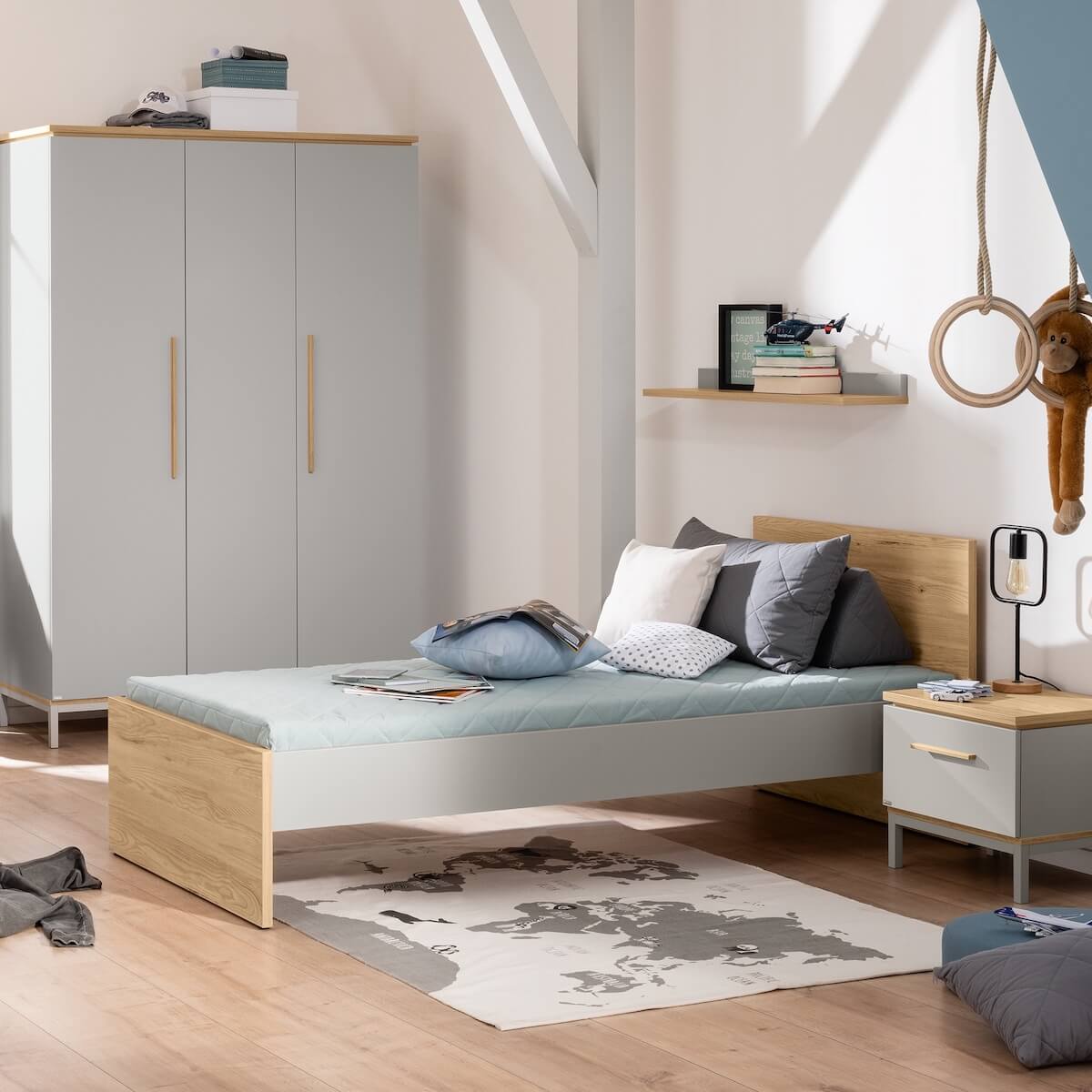 Bett 90x200cm ohne Matratze und ohne Lattenrost BENNE Paidi Eiche Montana Schiefergrau