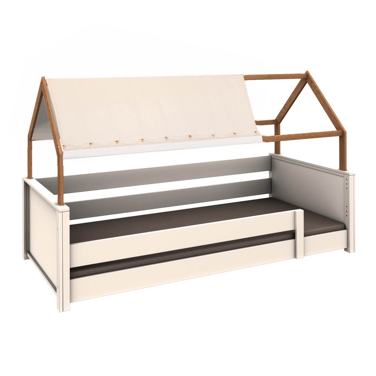 Bett bodentief Dach Montessori Fallschutz niedrig KASVA Buche weiß lackiert-Eiche geölt Dachtextil