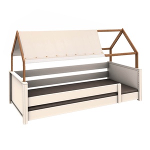 Bett bodentief Dach Montessori Fallschutz niedrig KASVA Buche weiß lackiert-Eiche geölt Dachtextil