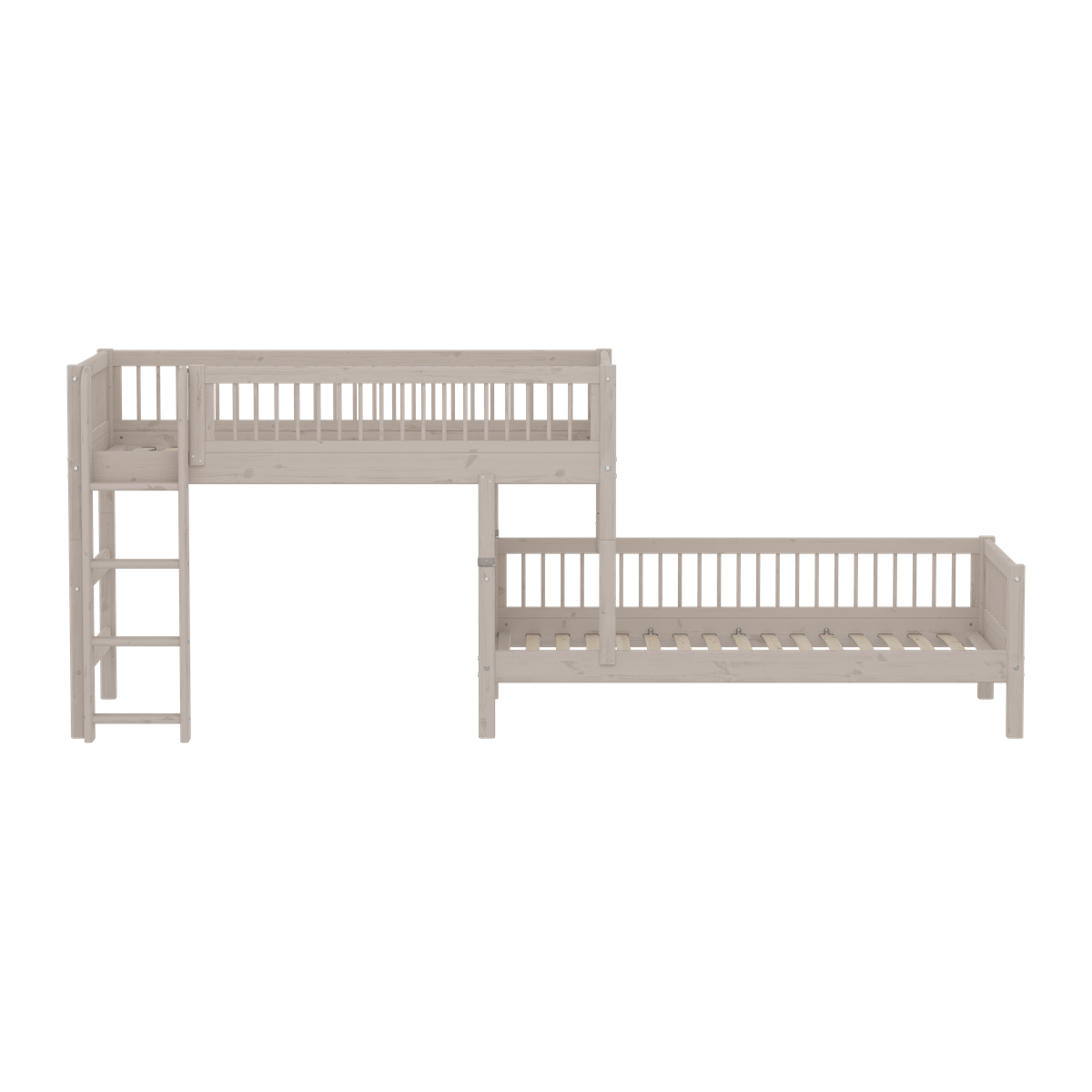 Cama combinada CLASSIC altura media escalera vertical barandilla de seguridad con puntales pino macizo. FLEXA