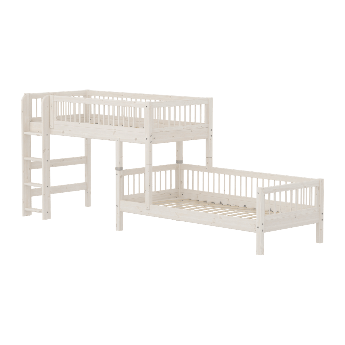 Cama combinada CLASSIC altura media escalera vertical protección contra caídas con puntales madera maciza de pino. FLEXA