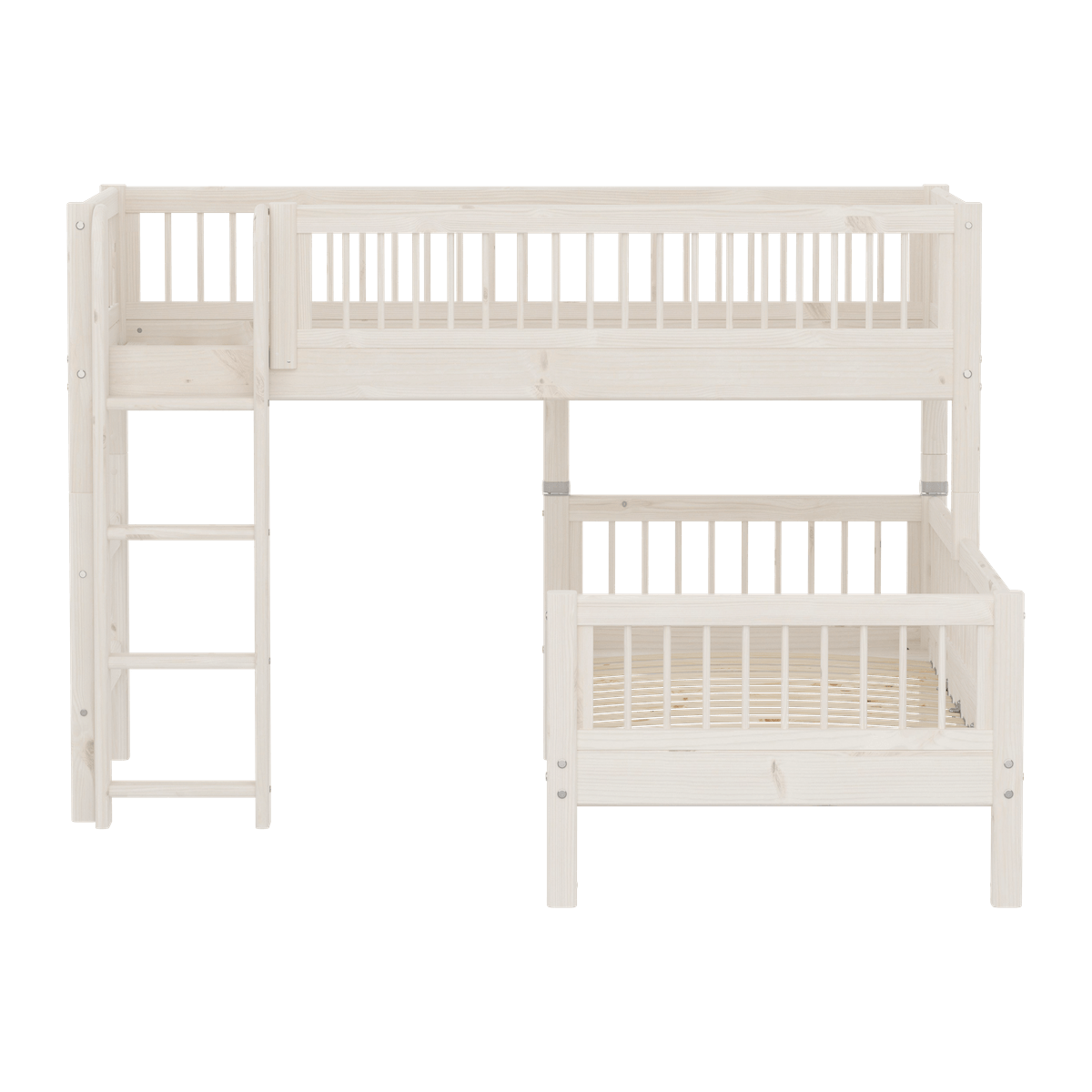 Cama combinada CLASSIC altura media escalera vertical protección contra caídas con puntales madera maciza de pino. FLEXA