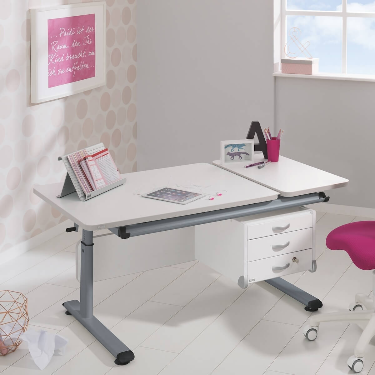 DIEGO GT Schreibtisch 130 x 70 cm, kreideweiße Tischplatte, silberner Rahmen DIEGO Schreibtische Paidi Silber / Weiß