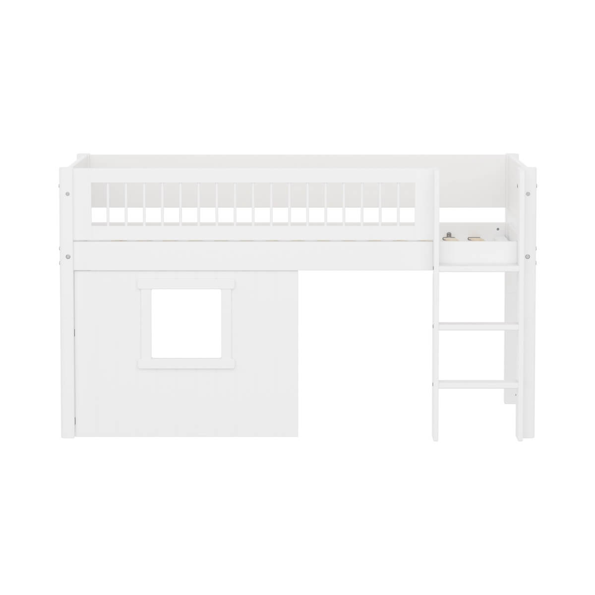 Halbhochbett 90x200cm WHITE crossbar Str. ladder & Tree hut Wht window