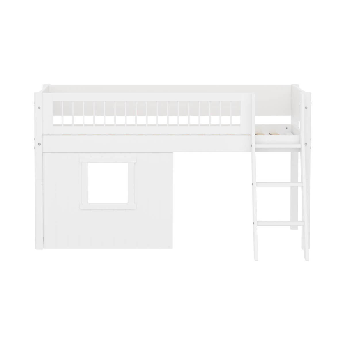 Halbhochbett 90x200cm WHITE crossbars Sl. ladder & Tree hut Wht window