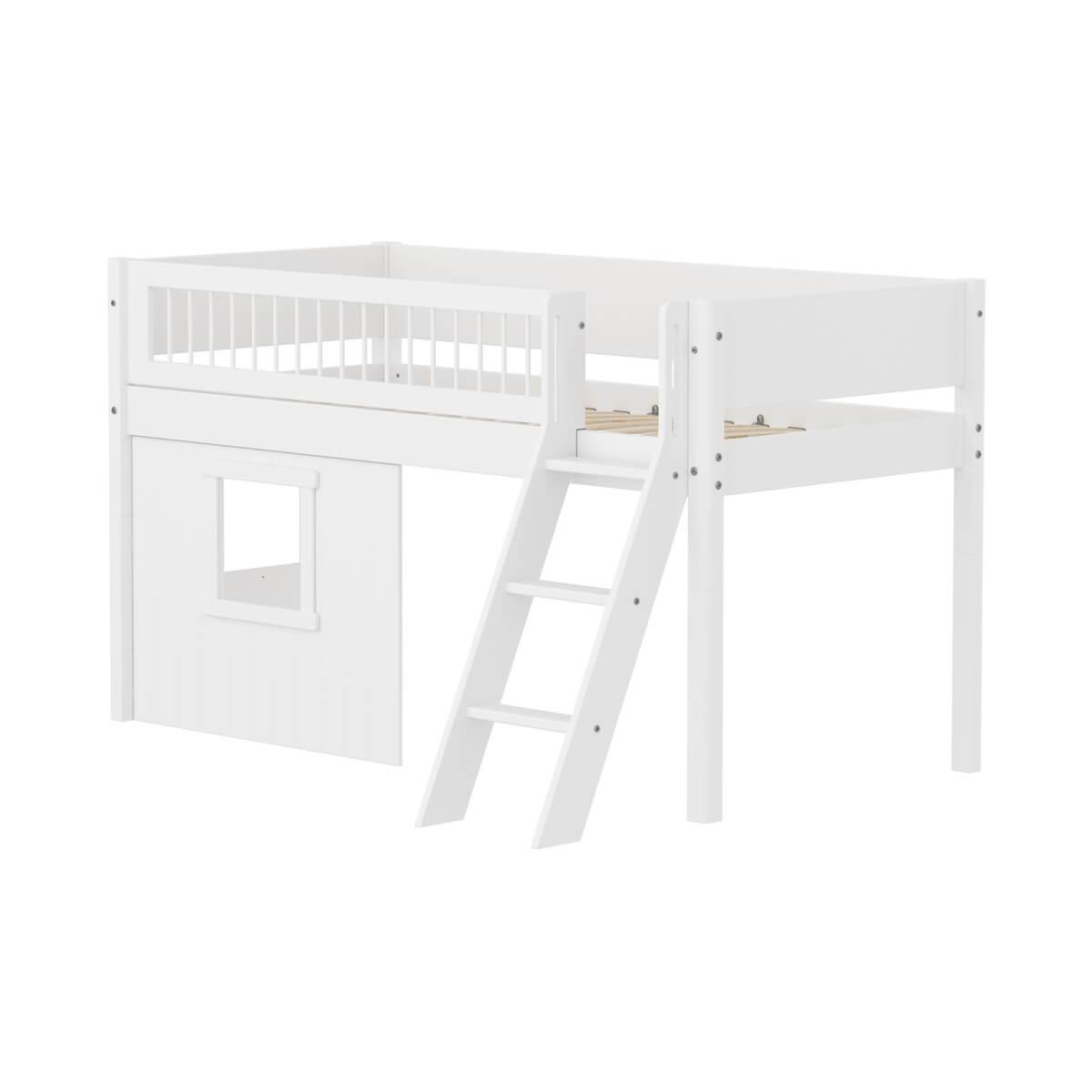 Halbhochbett 90x200cm WHITE crossbars Sl. ladder & Tree hut Wht window