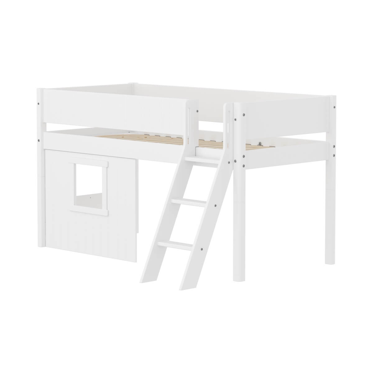 Halbhochbett 90x200cm WHITE Grooves Sl. ladder & Tree hut Wht window