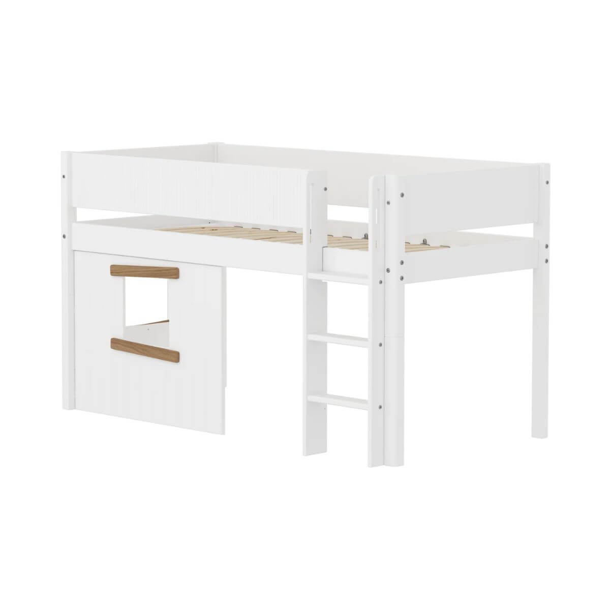 Halbhochbett 90x200cm WHITE Grooves Str. ladder & Tree hut Oak window