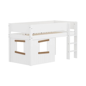 Halbhochbett 90x200cm WHITE Grooves Str. ladder & Tree hut Oak window