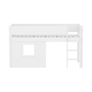 Halbhochbett 90x200cm WHITE grooves Str. ladder & Tree hut Wht window