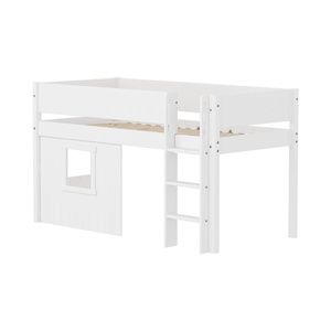 Halbhochbett 90x200cm WHITE grooves Str. ladder & Tree hut Wht window