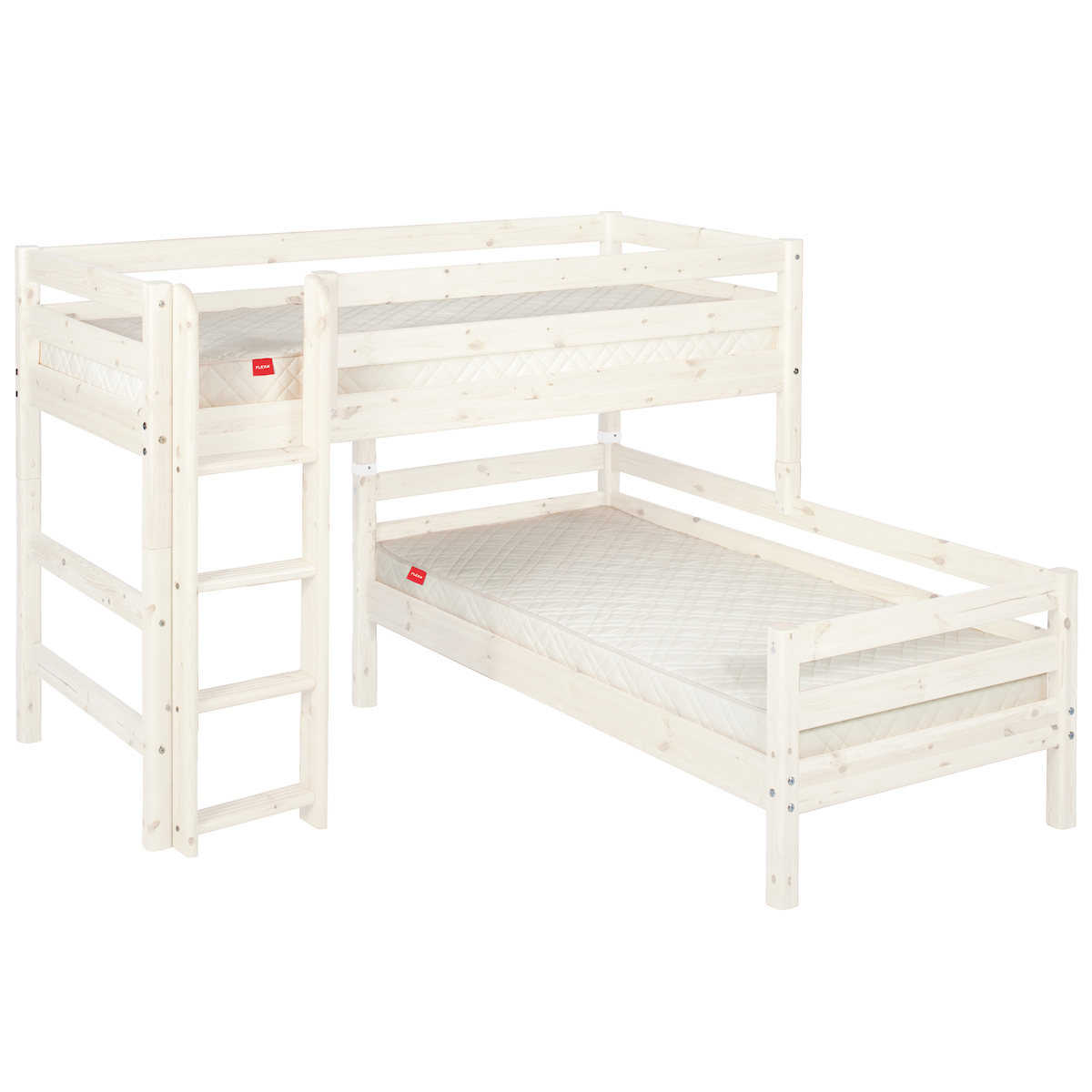 Halbhohes Bett + Einzelbett 90x200cm + gerade Leiter CLASSIC Flexa whitewash