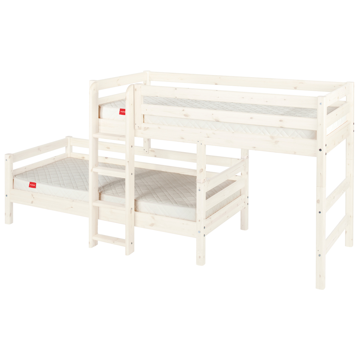 Halbhohes Bett + Einzelbett 90x200cm + gerade Leiter CLASSIC Flexa whitewash