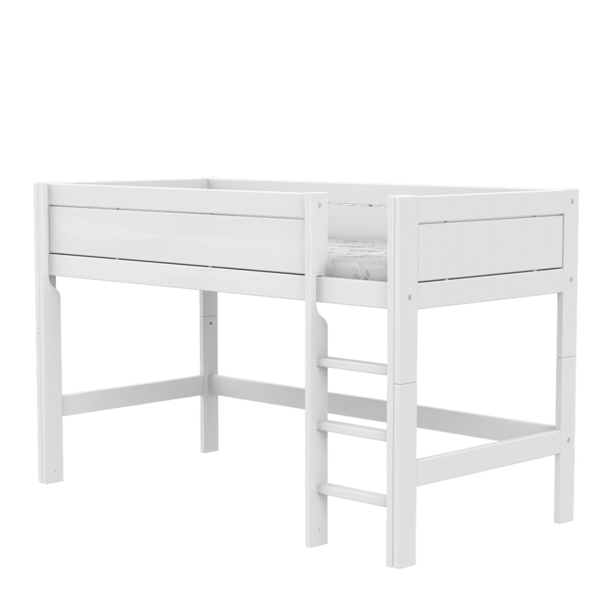 Halbhohes Bett + gerade Leiter + Deluxe Lattenrost Lifetime weiß