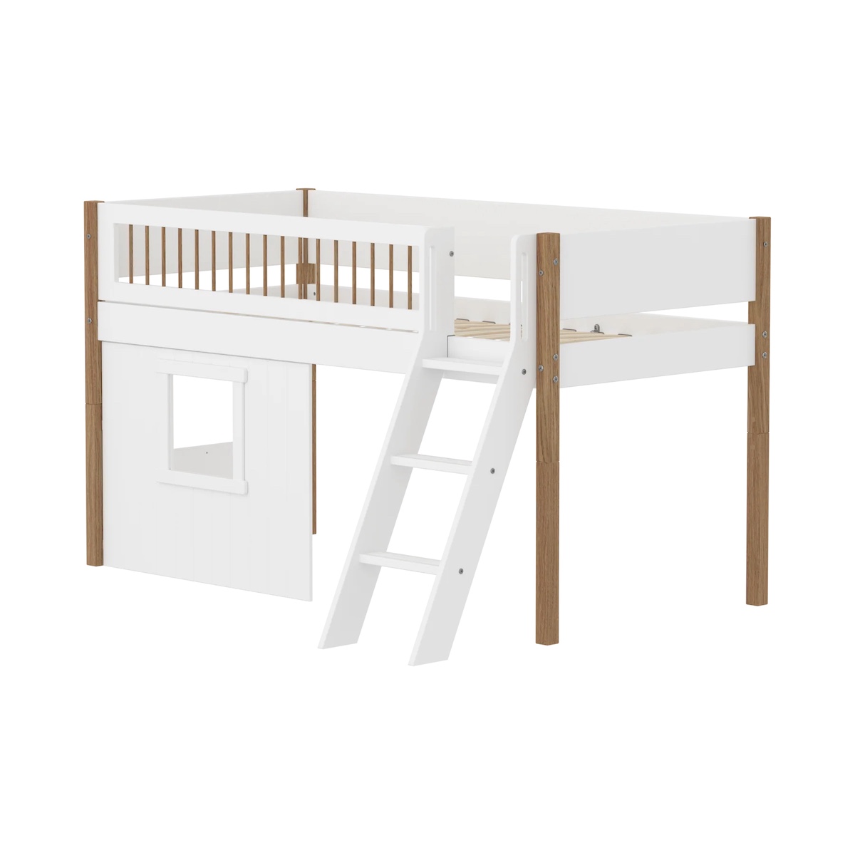 Halbhohes Bett NOR mit Hausfronten, Schrägleiter + Absturzsicherung FLEXAFlexa