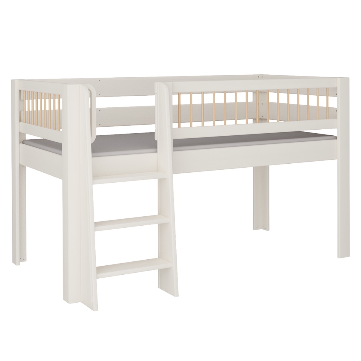 Halbhohes Kubu Bett Leiterstiege DELUXE de Breuyn geweißt-natürlich