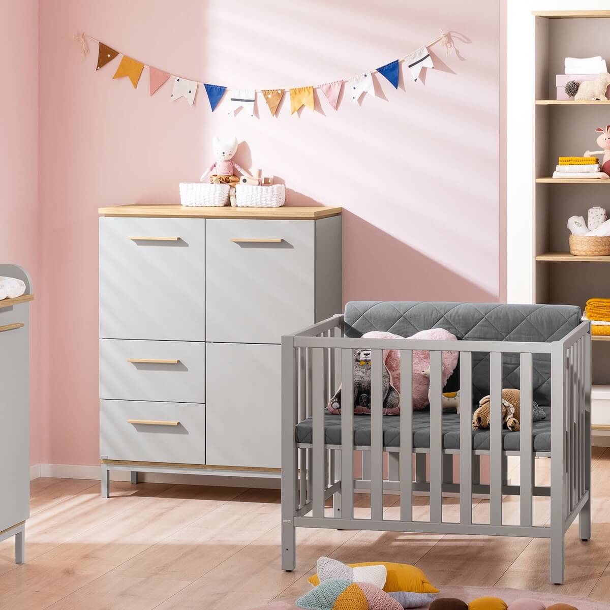 Highboard 2T2S 2 Ports, 2 Schubladen, 4 Etagenen BENNE Paidi Eiche Montana Schiefergrau