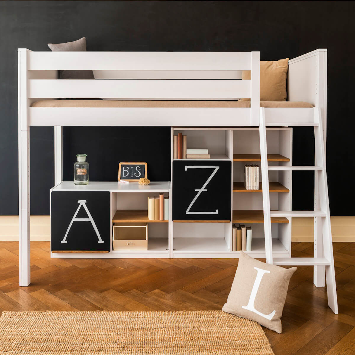 Hochbett 90x200x165cm Schrägleiter KASVA Buche massiv weiß-lackiert