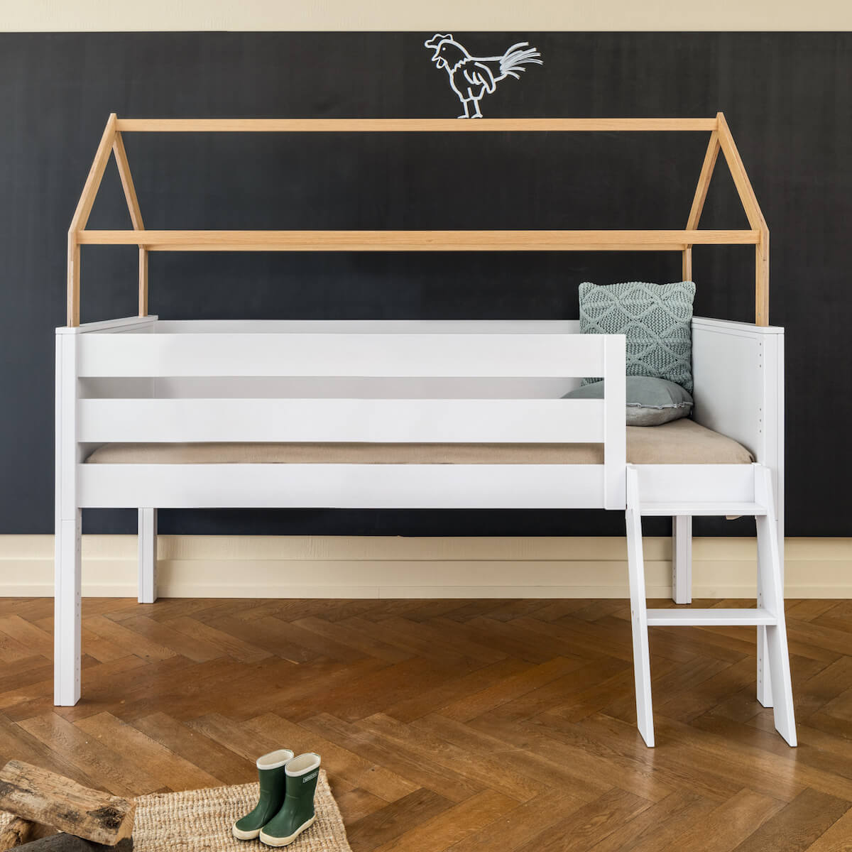 Hochbett-Dach halbhoch KASVA Buche massiv weiß-lackiert Eiche furniert-geölt