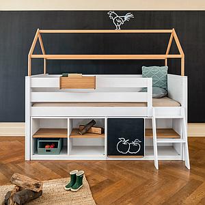 Hochbett-Dach halbhoch KASVA Buche massiv weiß-lackiert Eiche furniert-geölt