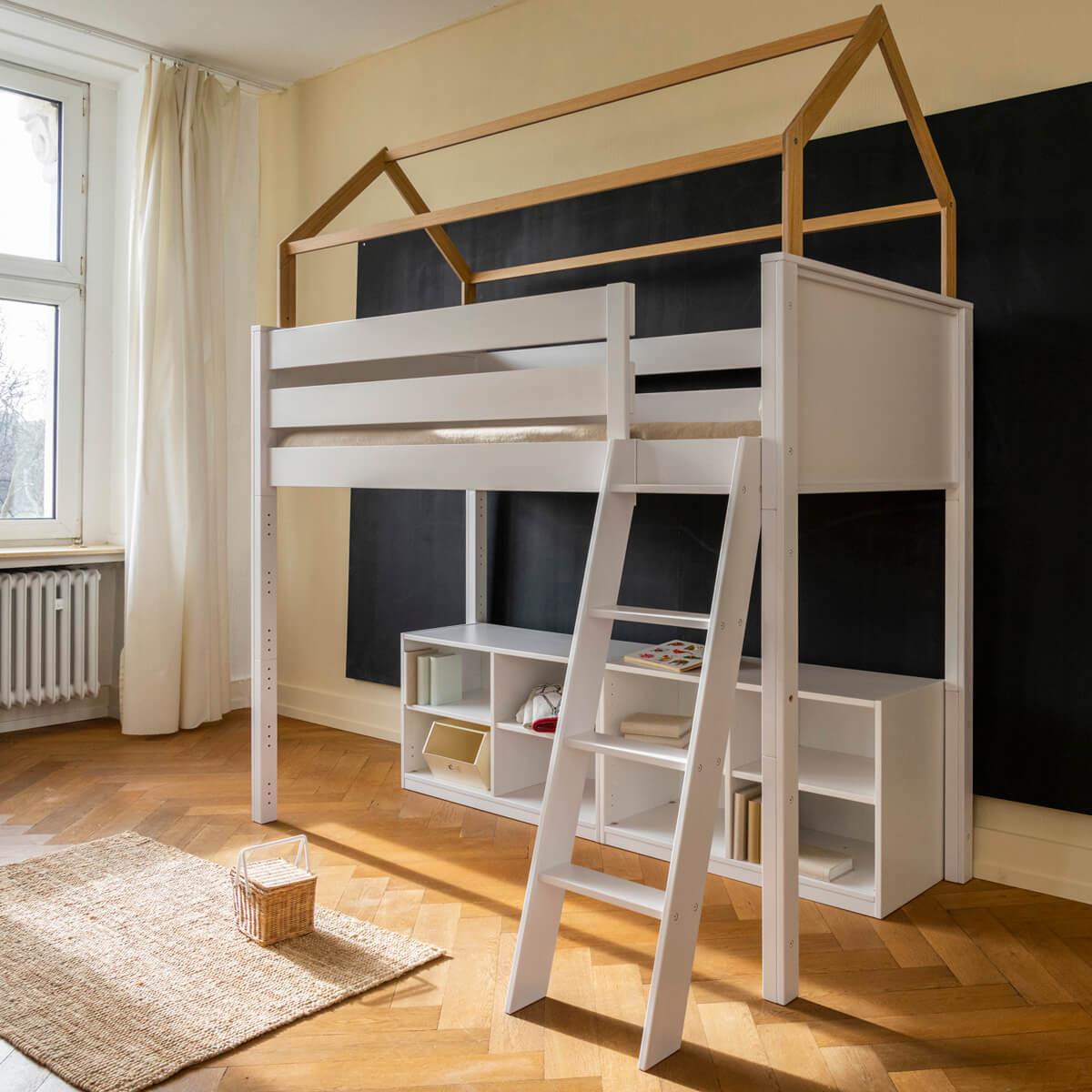 Hochbett-Dach hoch KASVA Buche massiv weiß-lackiert Eiche furniert-geölt