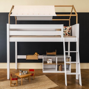 Hochbett KASVA Buche weiß lackiert mit Dachaufbau Eiche massiv + Betthimmel