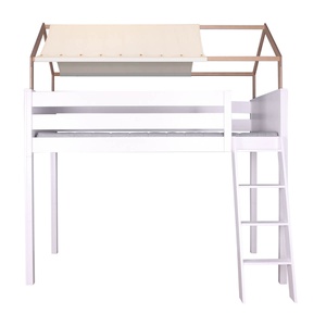 Hochbett KASVA Buche weiß lackiert mit Dachaufbau Eiche massiv + Betthimmel