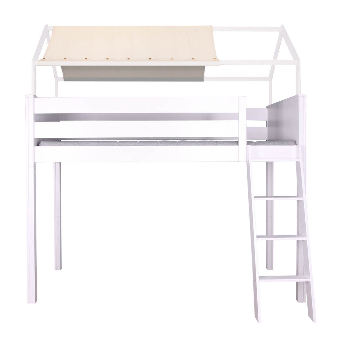 Hochbett KASVA Buche weiß lackiert mit Dachaufbau weiß und Betthimmel