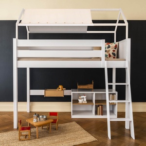 Hochbett KASVA Buche weiß lackiert mit Dachaufbau weiß und Betthimmel