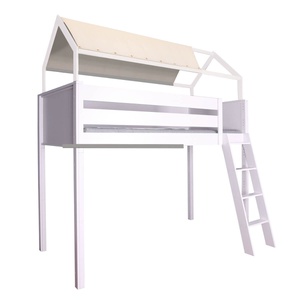 Hochbett KASVA Buche weiß lackiert mit Dachaufbau weiß und Betthimmel