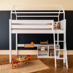 Hochbett KASVA Buche weiß lackiert mit Dachaufbau weiß