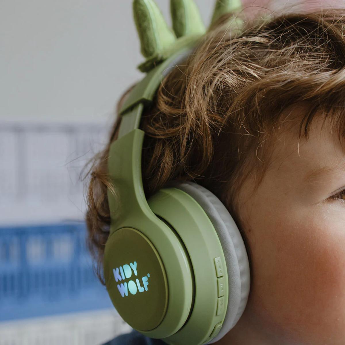 Kidyears Bluetooth headset with magnetic ears 85 dB mode space for SD card jack cable Kidywolf Dino