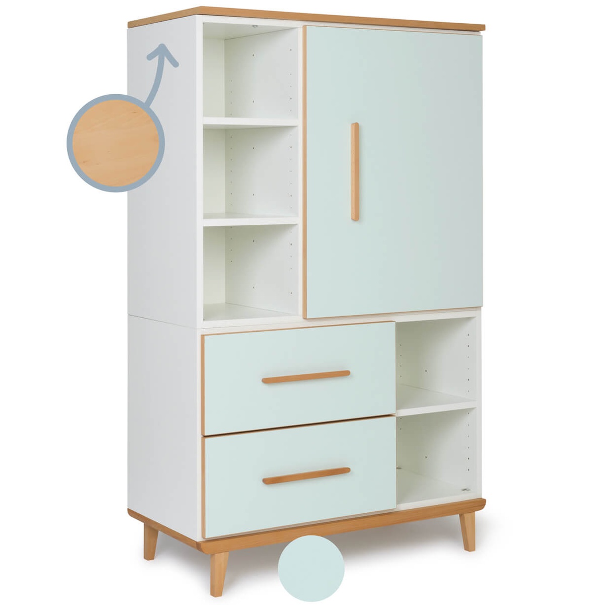 Kleiderschrank 147 cm 1-türig 2 Schubladen NADO Retro Buche mint