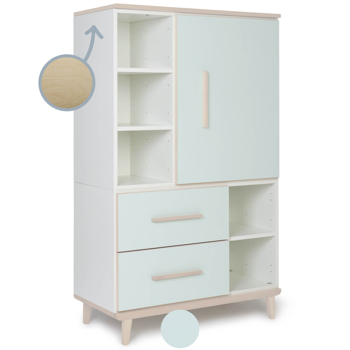 Kleiderschrank 147 cm 1-türig 2 Schubladen NADO Retro Esche mint