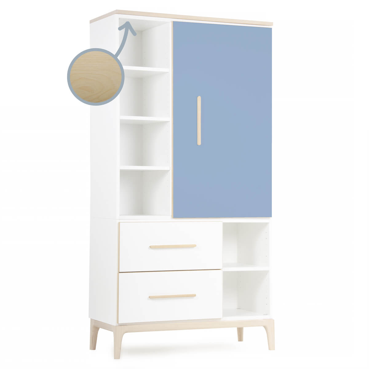 Kleiderschrank 173 cm 1-türig 2 Schubladen NADO Curve Esche capri blue-white