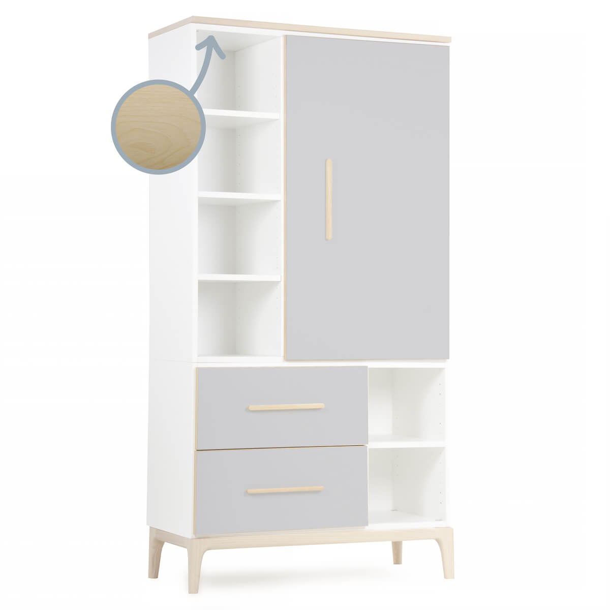 Kleiderschrank 173 cm 1-türig 2 Schubladen NADO Curve Esche manhattan grey