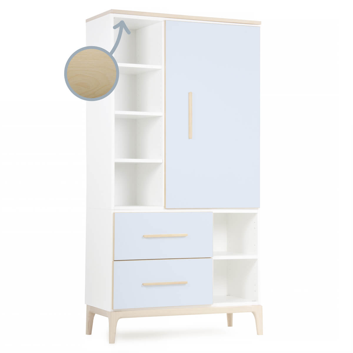 Kleiderschrank 173 cm 1-türig 2 Schubladen NADO Curve Esche sky blue