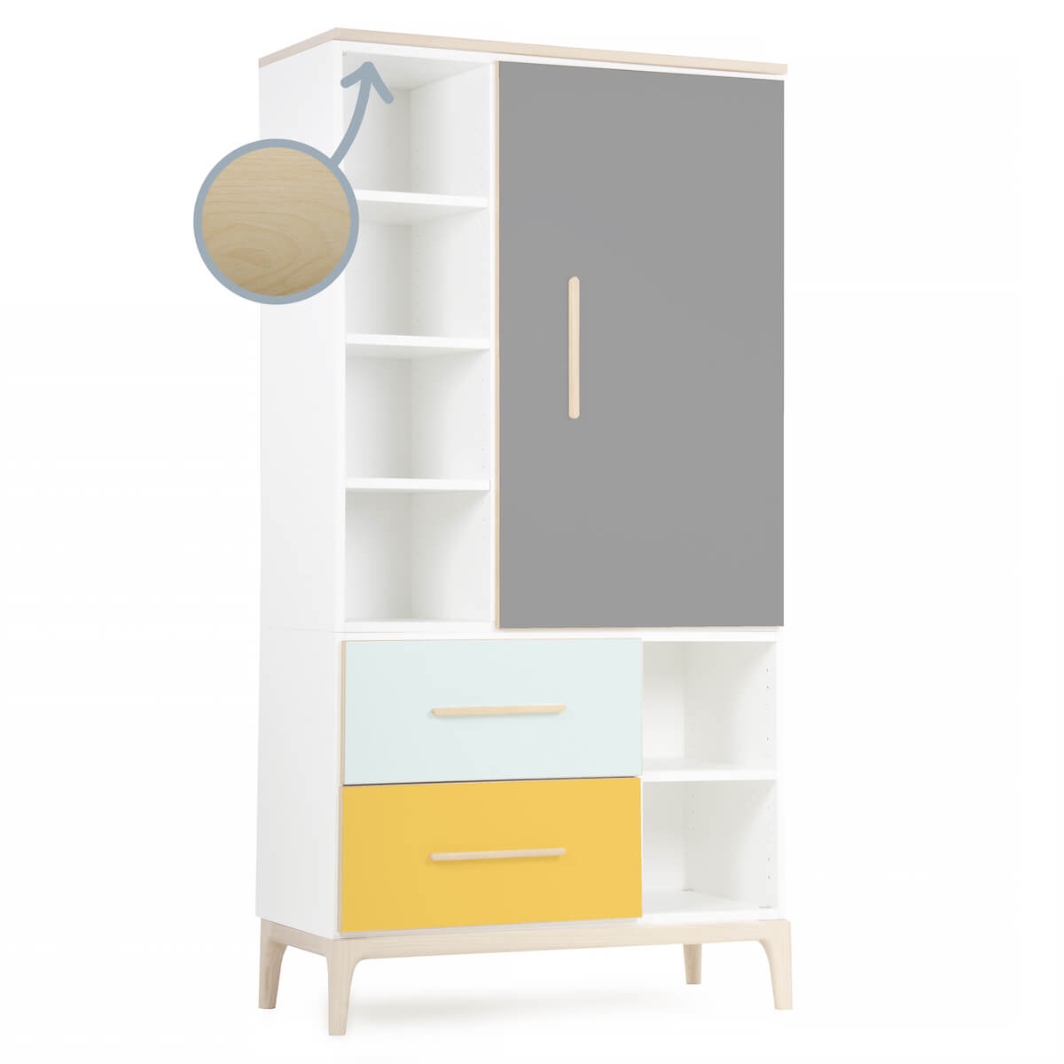 Kleiderschrank 173 cm 1-türig 2 Schubladen NADO Curve Esche slate grey-mint-sunshine yellow
