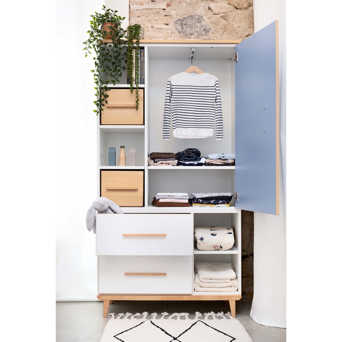 Kleiderschrank 173 cm 1-türig 2 Schubladen NADO Retro Buche capri blue