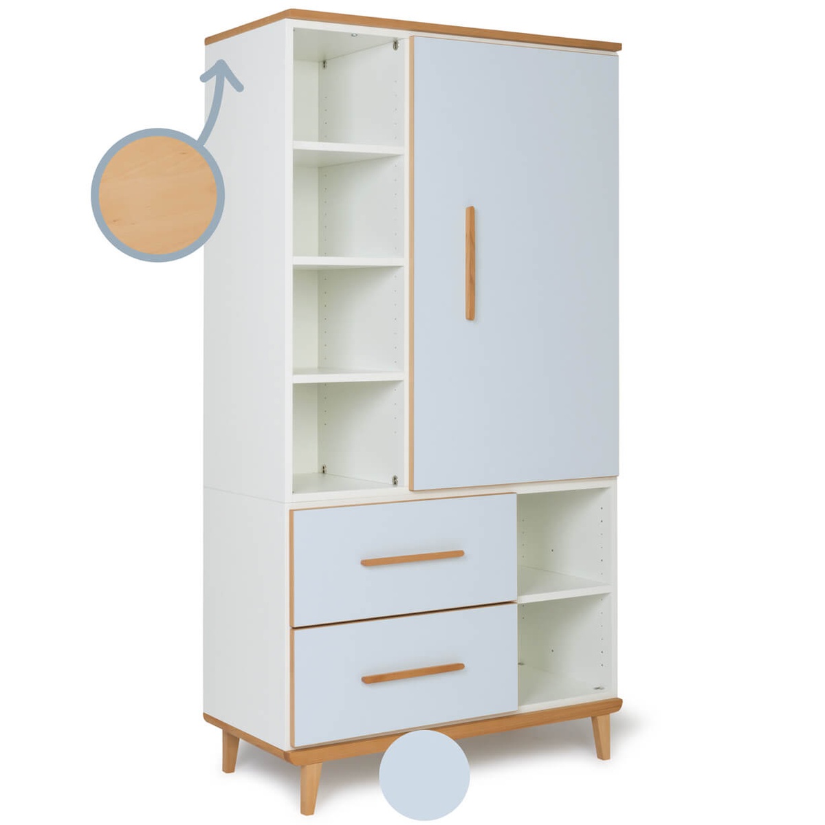 Kleiderschrank 173 cm 1-türig 2 Schubladen NADO Retro Buche sky blue