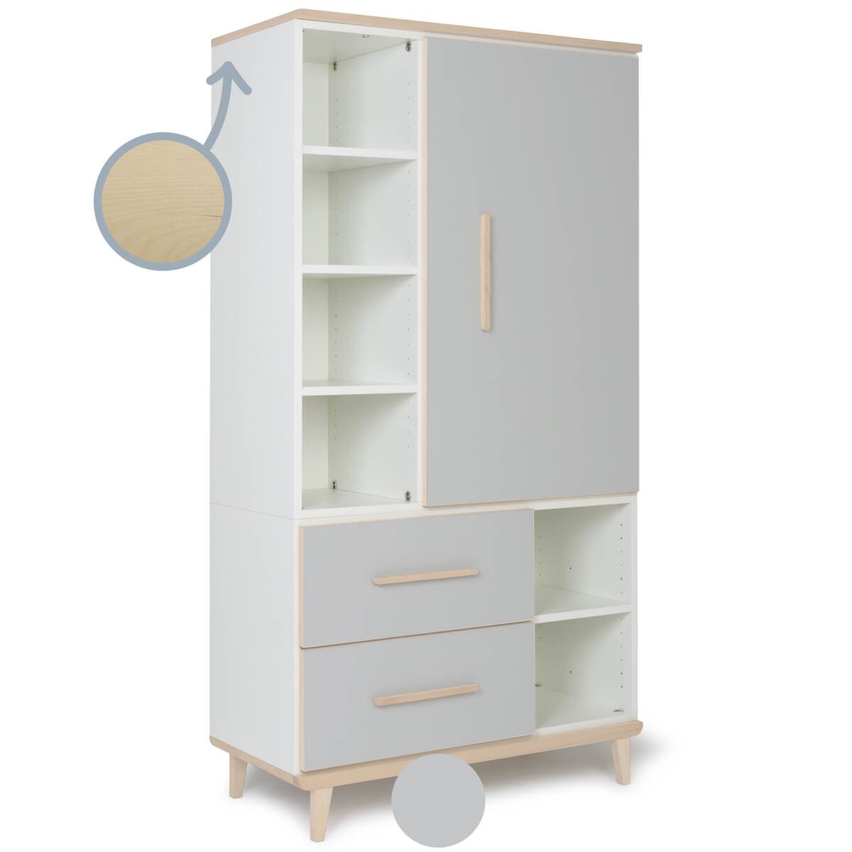 Kleiderschrank 173 cm 1-türig 2 Schubladen NADO Retro Esche manhattan grey