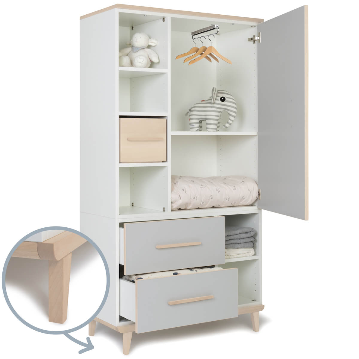 Kleiderschrank 173 cm 1-türig 2 Schubladen NADO Retro Esche manhattan grey
