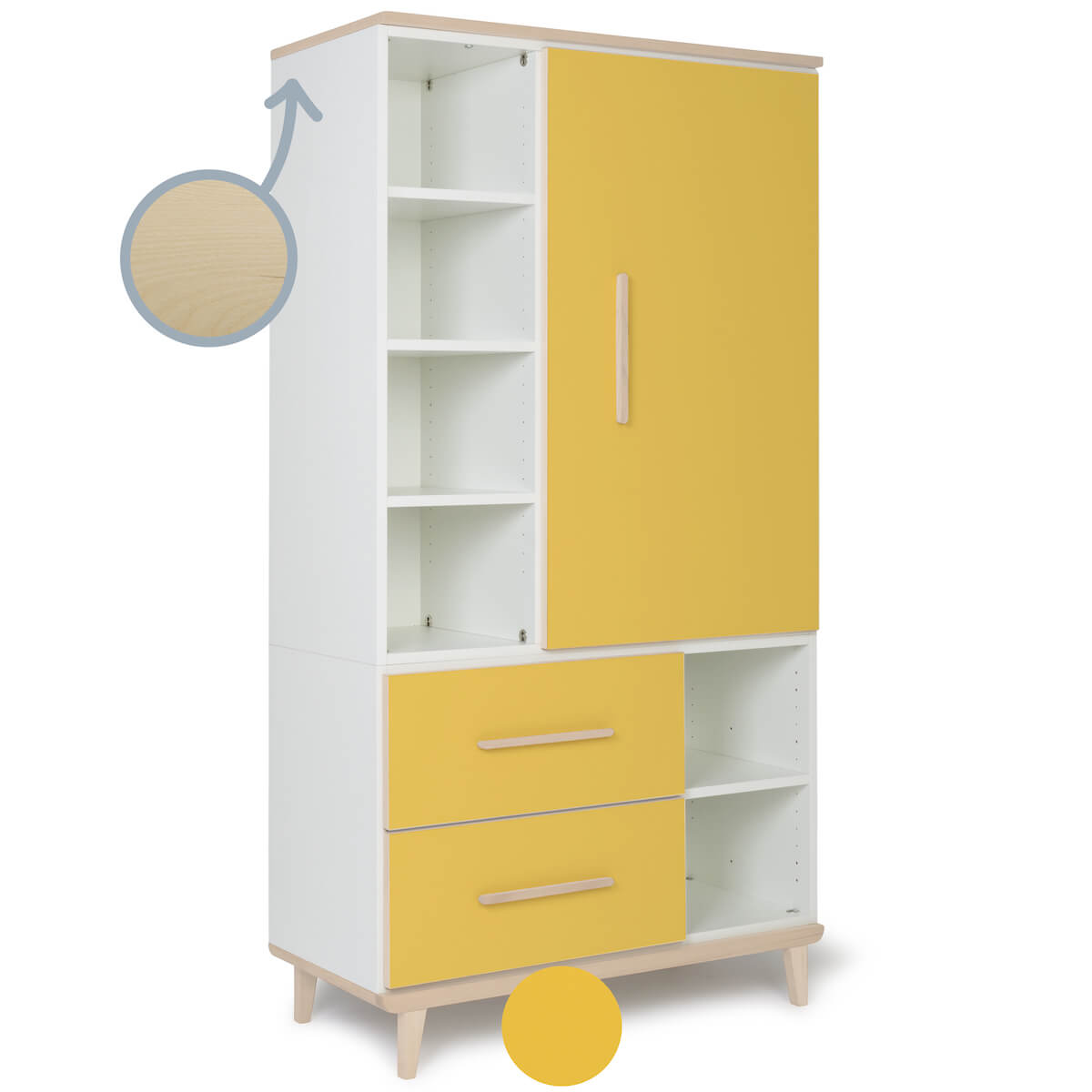 Kleiderschrank 173 cm 1-türig 2 Schubladen NADO Retro Esche sunshine yellow