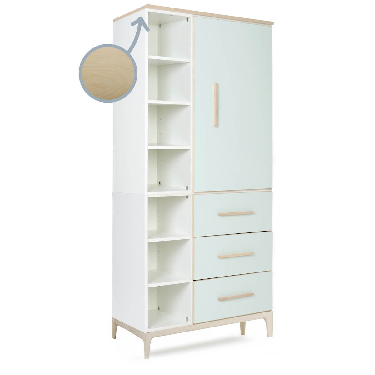 Kleiderschrank 198 cm 1-türig 3 Schubladen NADO Curve Esche mint