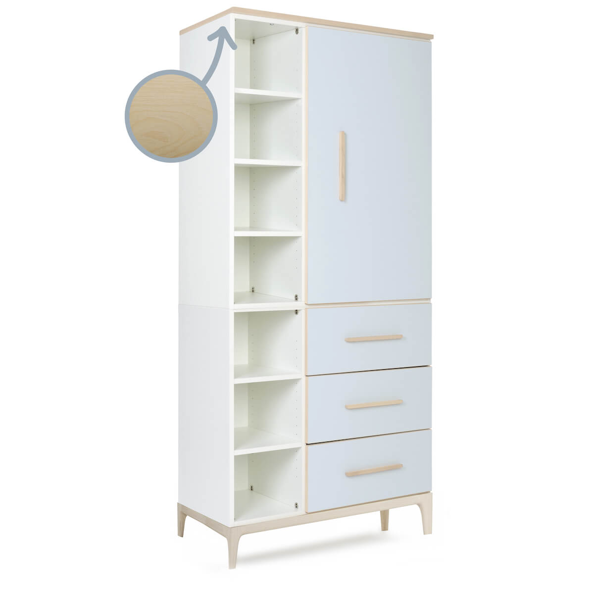 Kleiderschrank 198 cm 1-türig 3 Schubladen NADO Curve Esche sky blue
