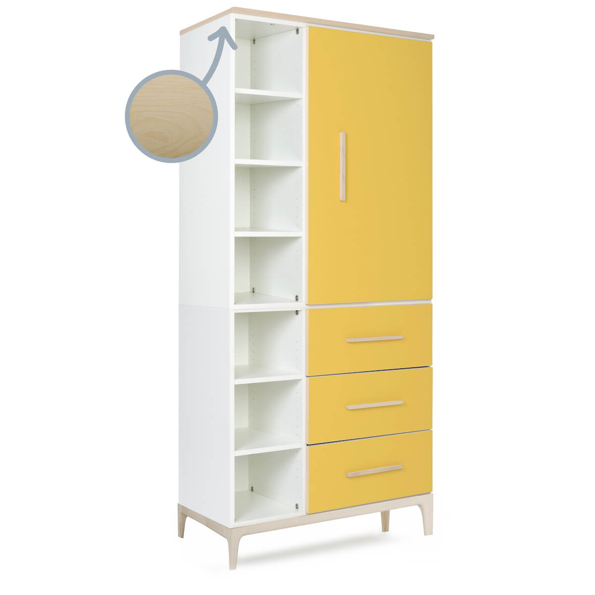 Kleiderschrank 198 cm 1-türig 3 Schubladen NADO Curve Esche sunshine yellow