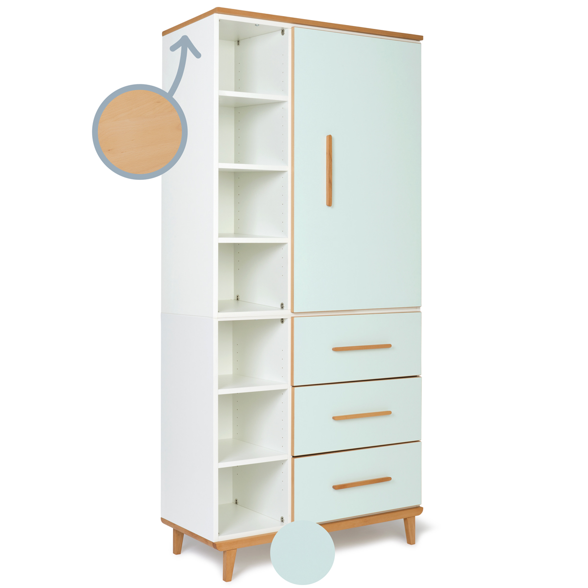 Kleiderschrank 198 cm 1-türig 3 Schubladen NADO Retro Buche mint